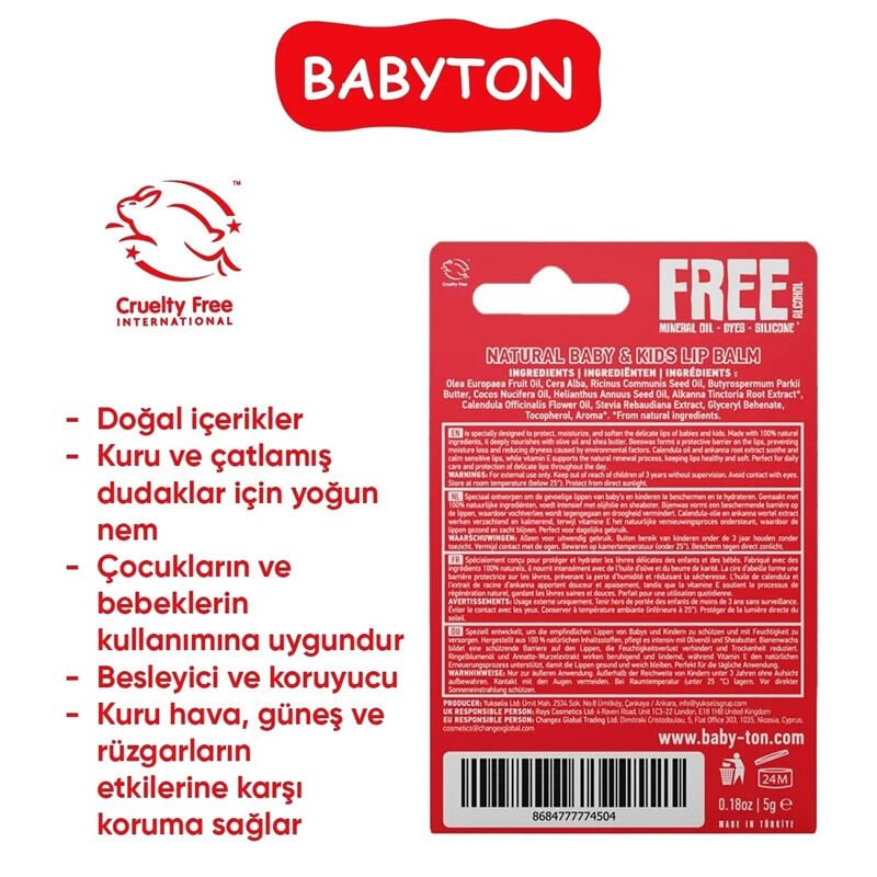 Babyton Bebek ve Çocuklar İçin Doğal Dudak Koruyucu Balm Çilek