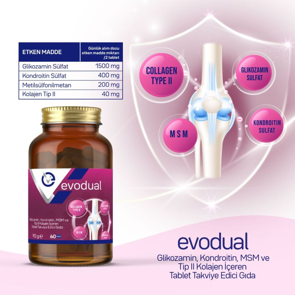 EVODUAL (Glikozamin, Kondroitin, MSM ve Tip II Kolajen İçeren Tablet Takviye Edici Gıda) 60 Tablet