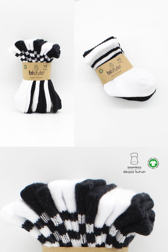Bistyle 6lı Penye Çemberli Soket Çorap BS6003 Siyah Beyaz