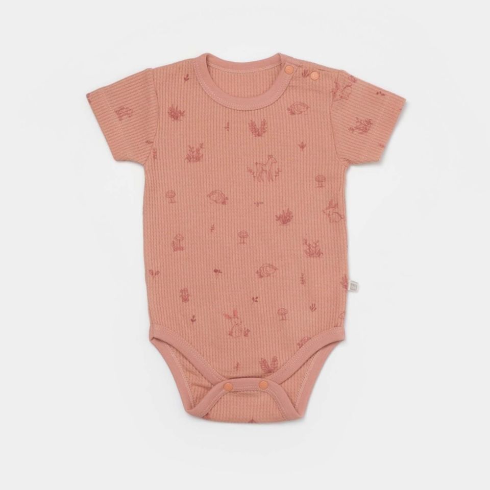 Bibaby Biorganic Waffle Deer And Bird Kısa Kol Body 56984 Ekru Rose