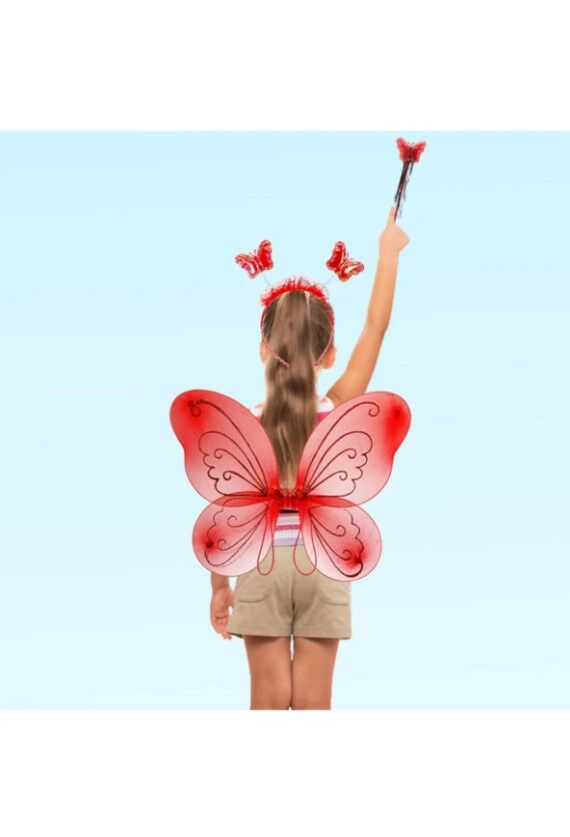 Kelebek Kanat, Taç Ve Asa 3'lü Set - Kırmızı Renk