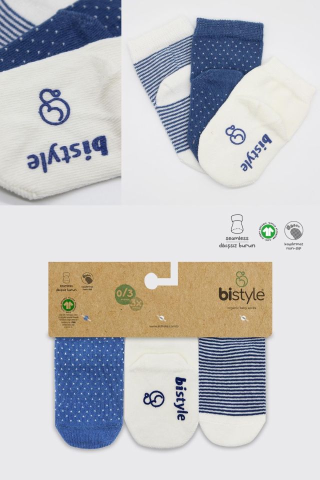 Bistyle Puanlı Kaymaz Penye Soket Çorap 3'Lü BS10108 İndigo