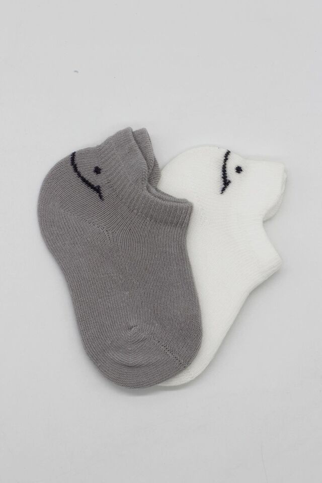 Bistyle 2'Li Sneakers Smile Penye Çorap 20106 Gri Ekru
