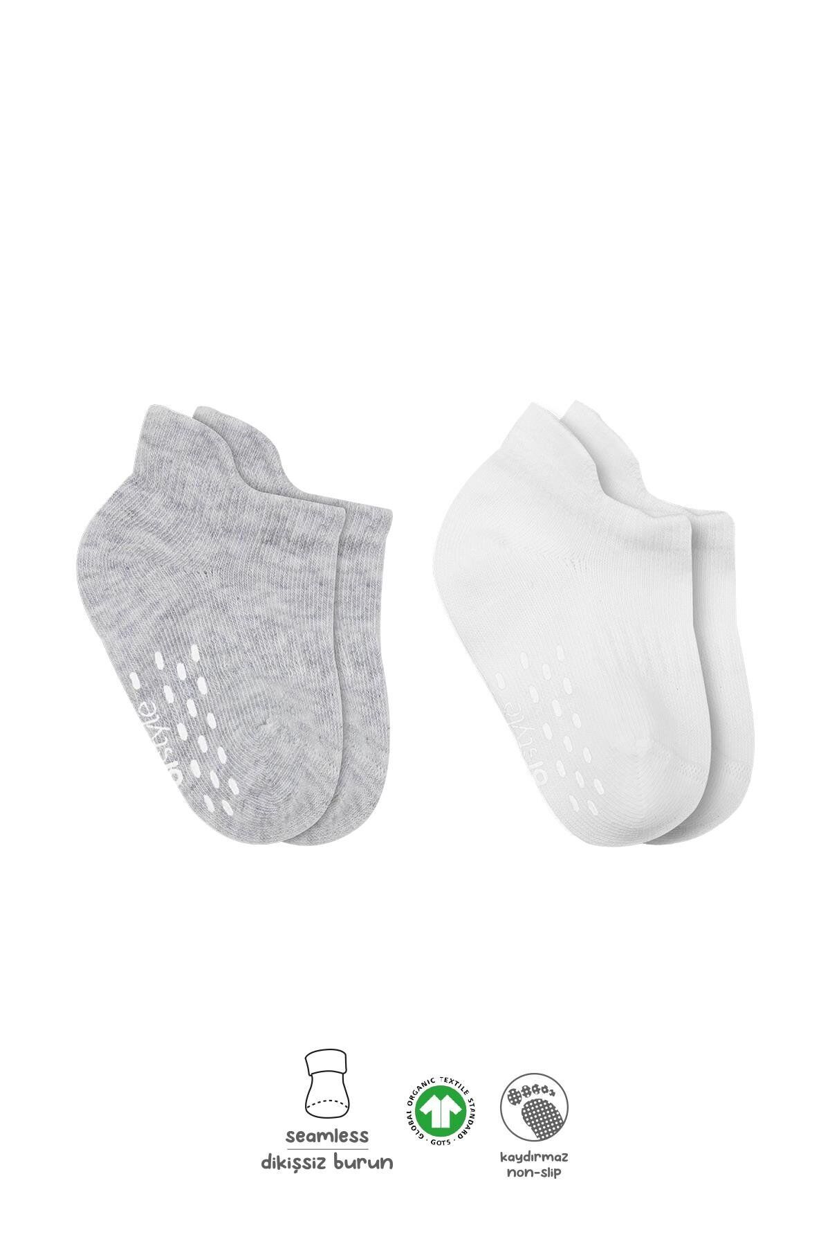 Bistyle 2'Li Sneakers Kaymaz Basic Penye Çorap 20103 Gri Beyaz