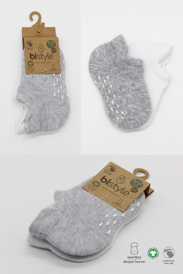 Bistyle 2'Li Sneakers Kaymaz Basic Penye Çorap 20103 Gri Beyaz