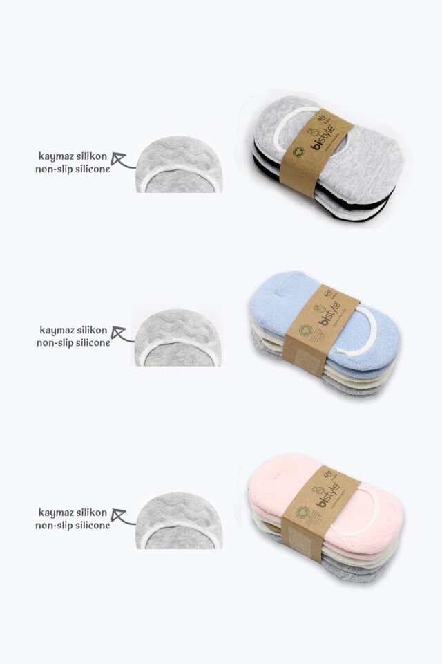 Bistyle 6'Lı Silikonlu Babet Penye Çorap 30101 Pembe Ekru Gri
