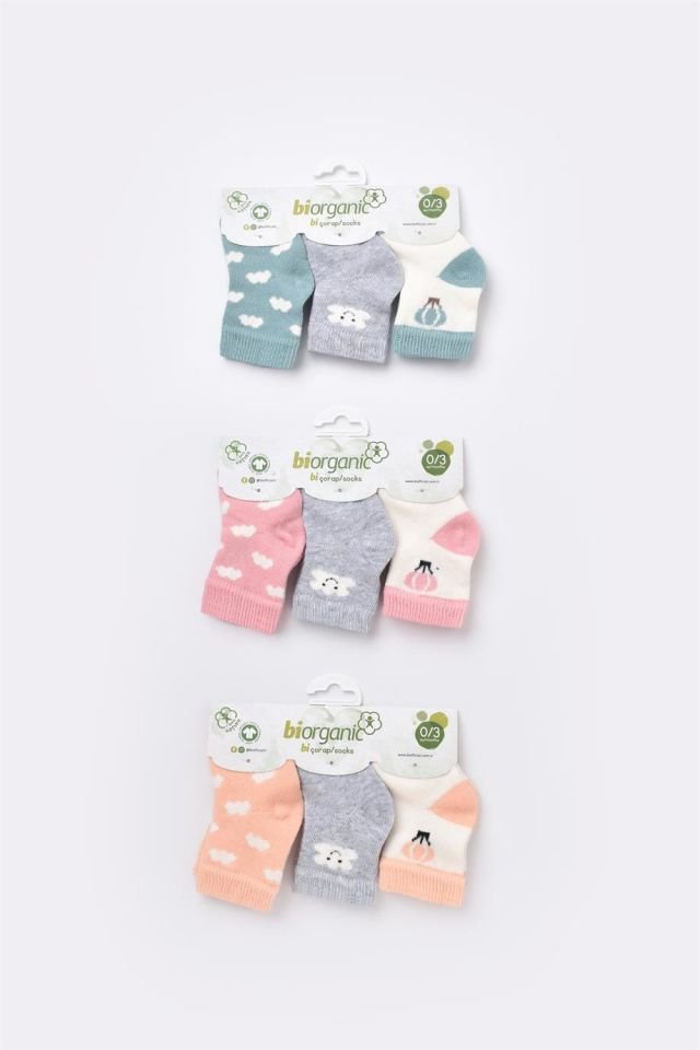 Bibaby Biorganic Cloudy Kız 3'Lü Çorap 68450 Somon