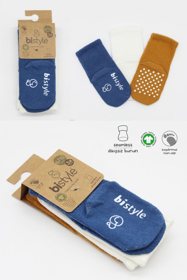 Bistyle Basic Kaymaz Penye Soket Çorap 3'Lü BS10106 İndigo Ekru Hardal