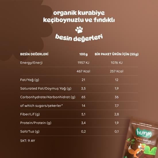 Humm Organik Keçiboynuzlu ve Fındıklı Vegan Kurabiye 55 Gr