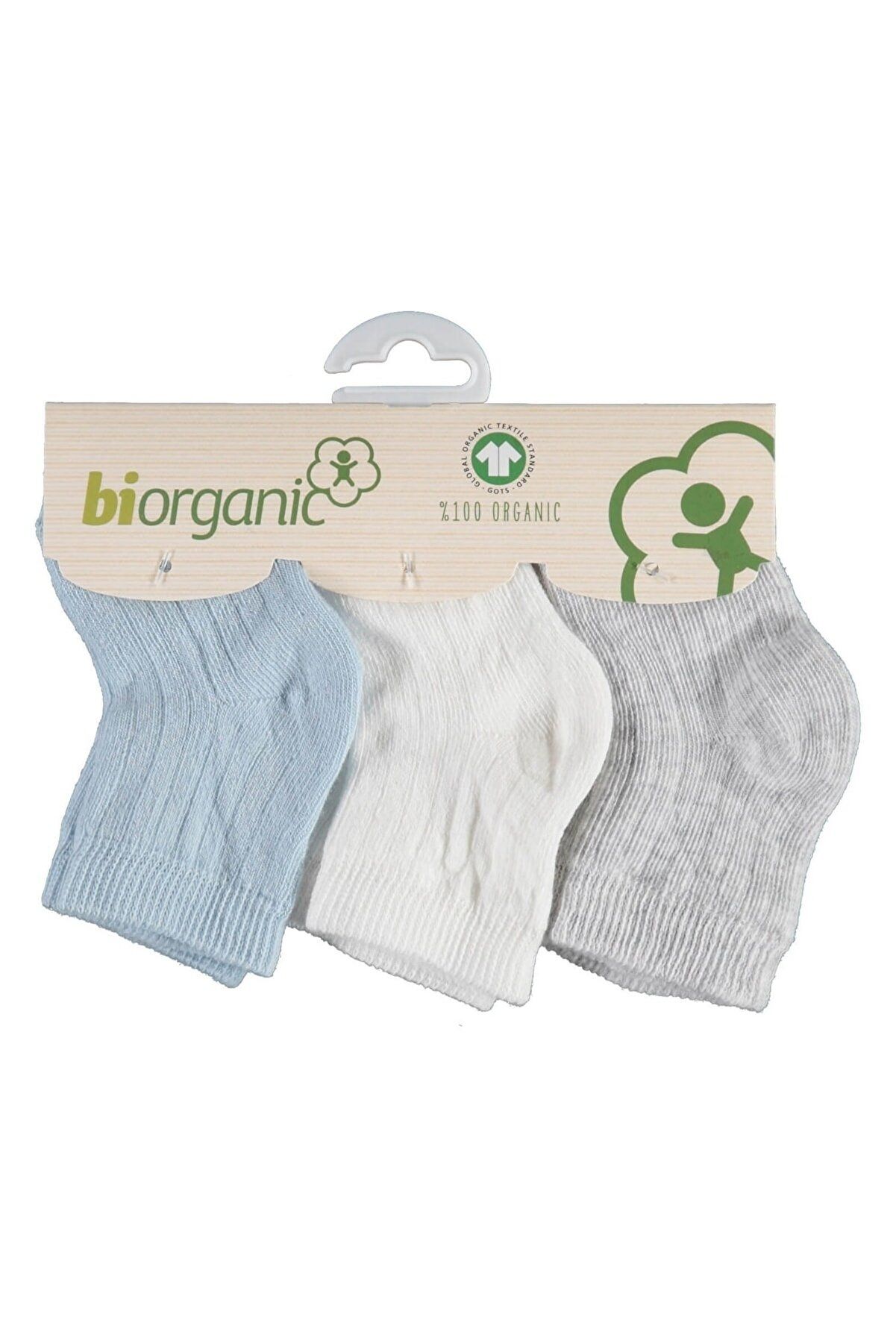 Bibaby Biorganik Desenli Basic 3'Lü Çorap 68344 Beyaz-Mavi-Gri