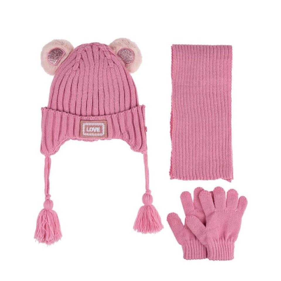 Kitti Bebe Kız Atkı Bere Eldiven Takım (1-4 Yaş) K24160-01 Pembe