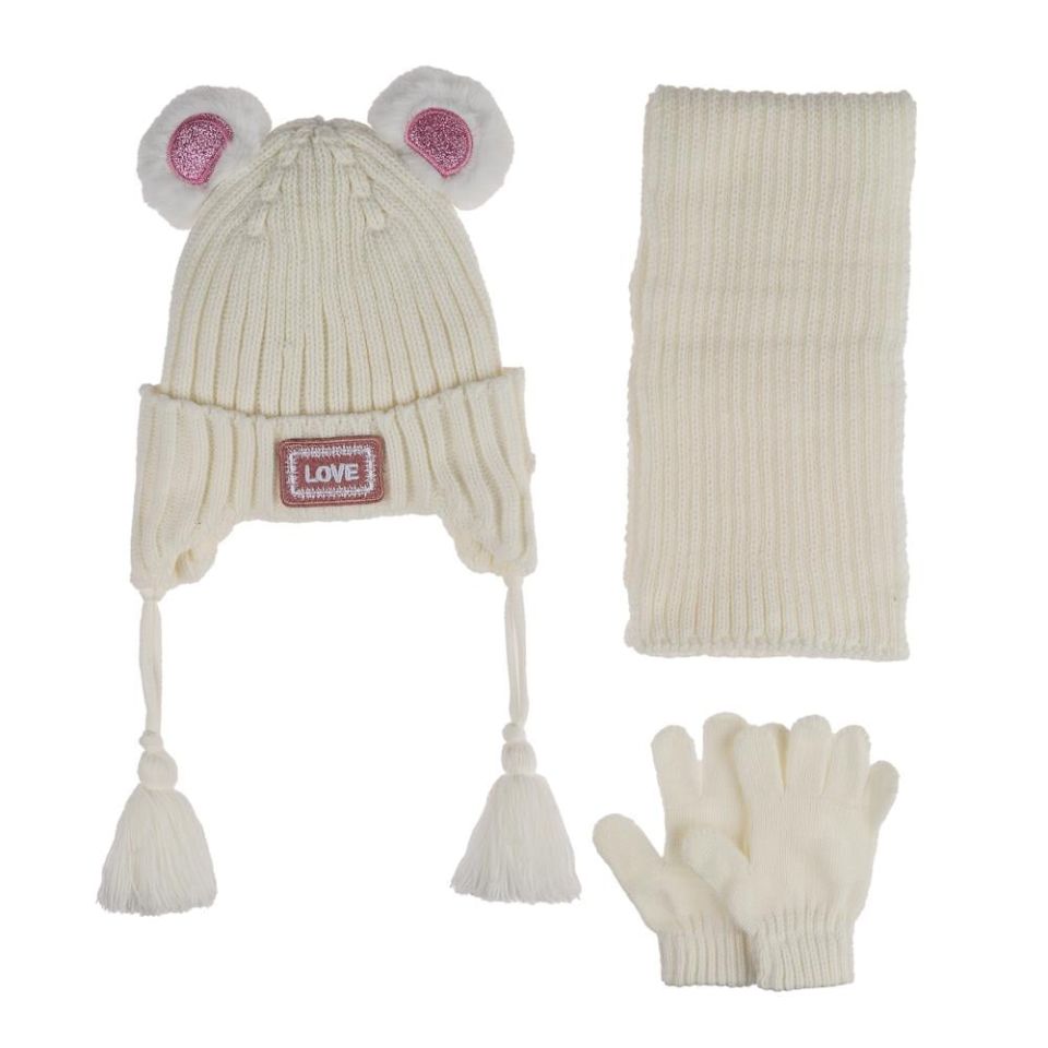 Kitti Bebe Kız Atkı Bere Eldiven Takım (1-4 Yaş) K24160-01 Krem