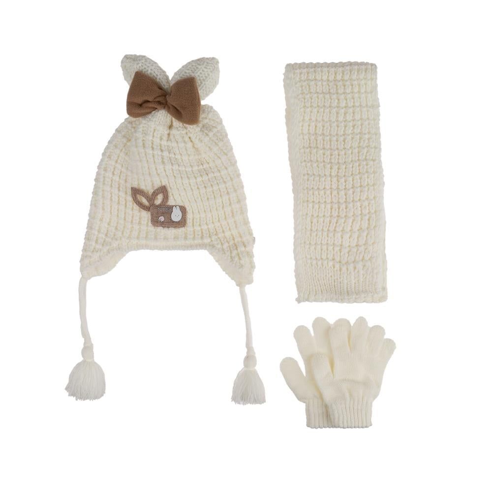Kitti Bebe Kız Atkı Bere Eldiven Takım (1-4 Yaş) K24160-04 Krem