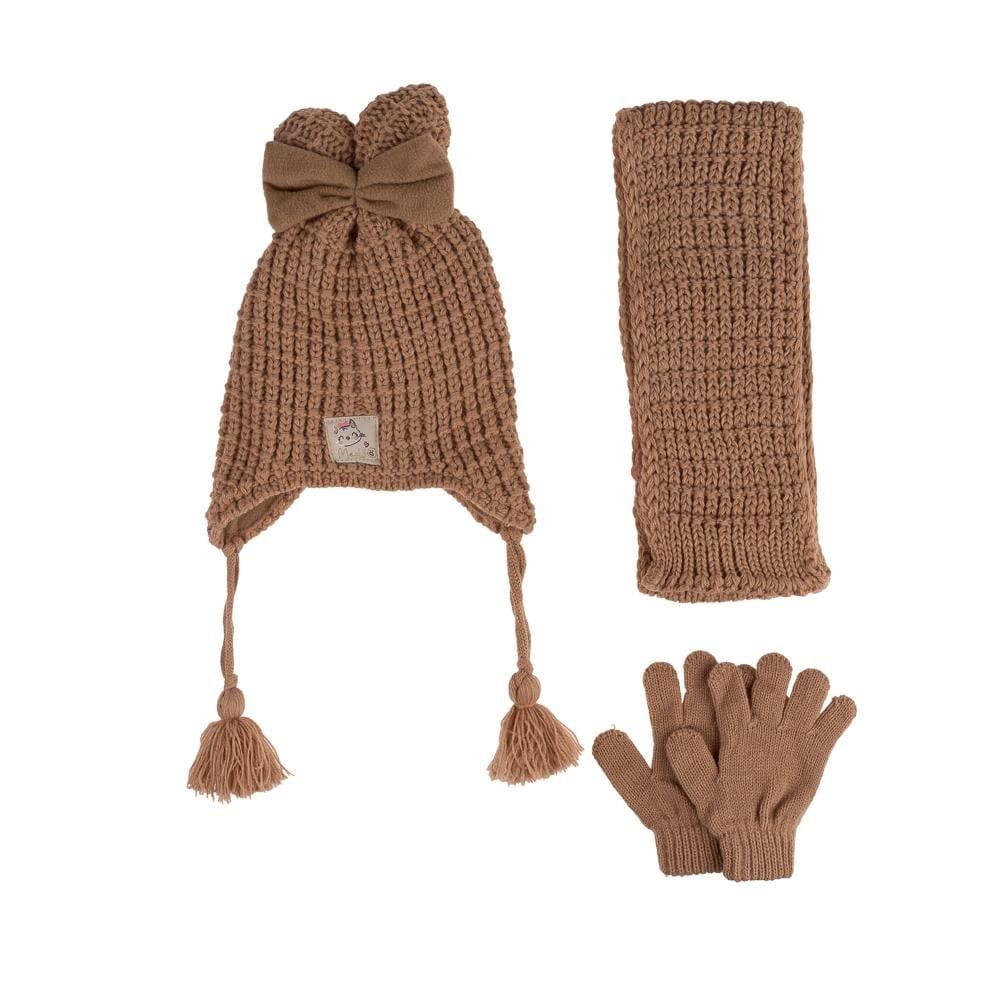 Kitti Bebe Kız Atkı Bere Eldiven Takım (1-4 Yaş) K24160-04 Açık Kahve