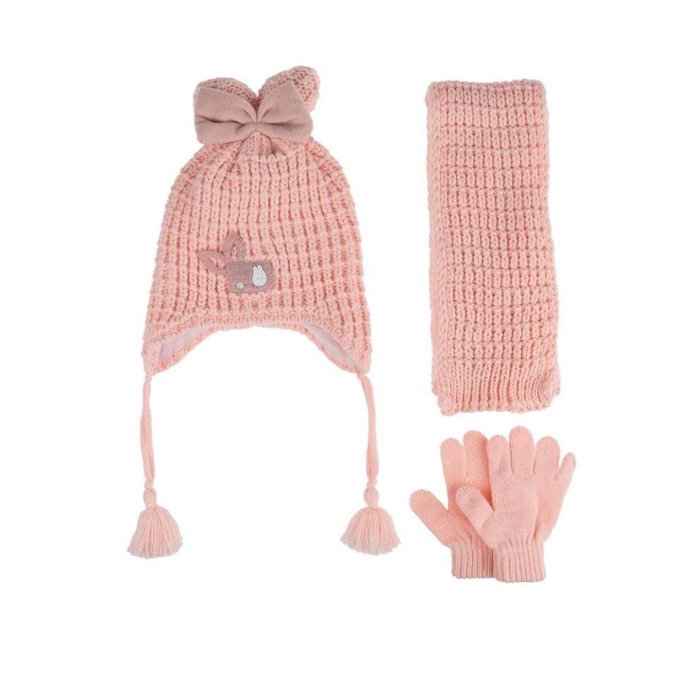 Kitti Bebe Kız Atkı Bere Eldiven Takım (1-4 Yaş) K24160-04 Soft Pembe