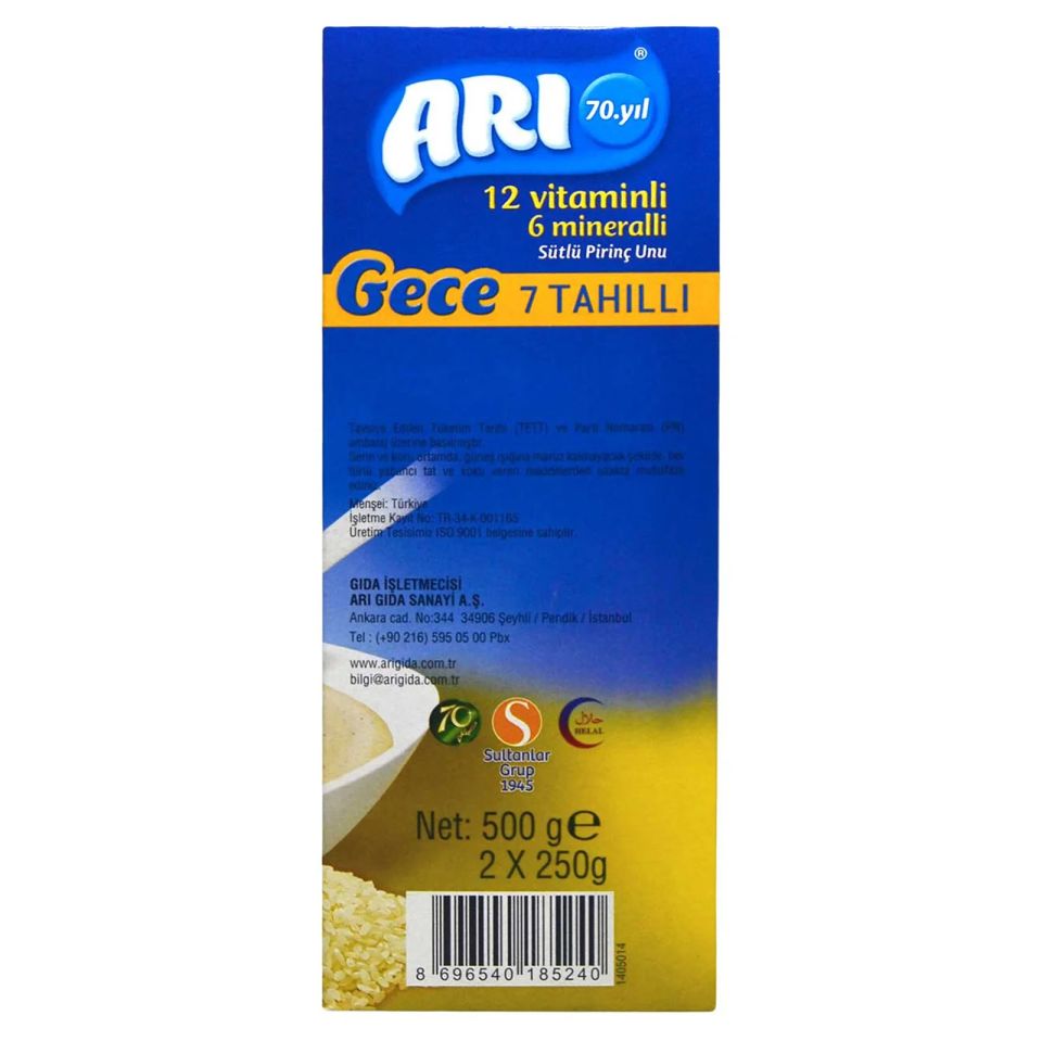 Arı 12 Vitaminli 6 Mineralli 7 Tahıllı Sütlü Pirinç Unu Gece 500 Gr