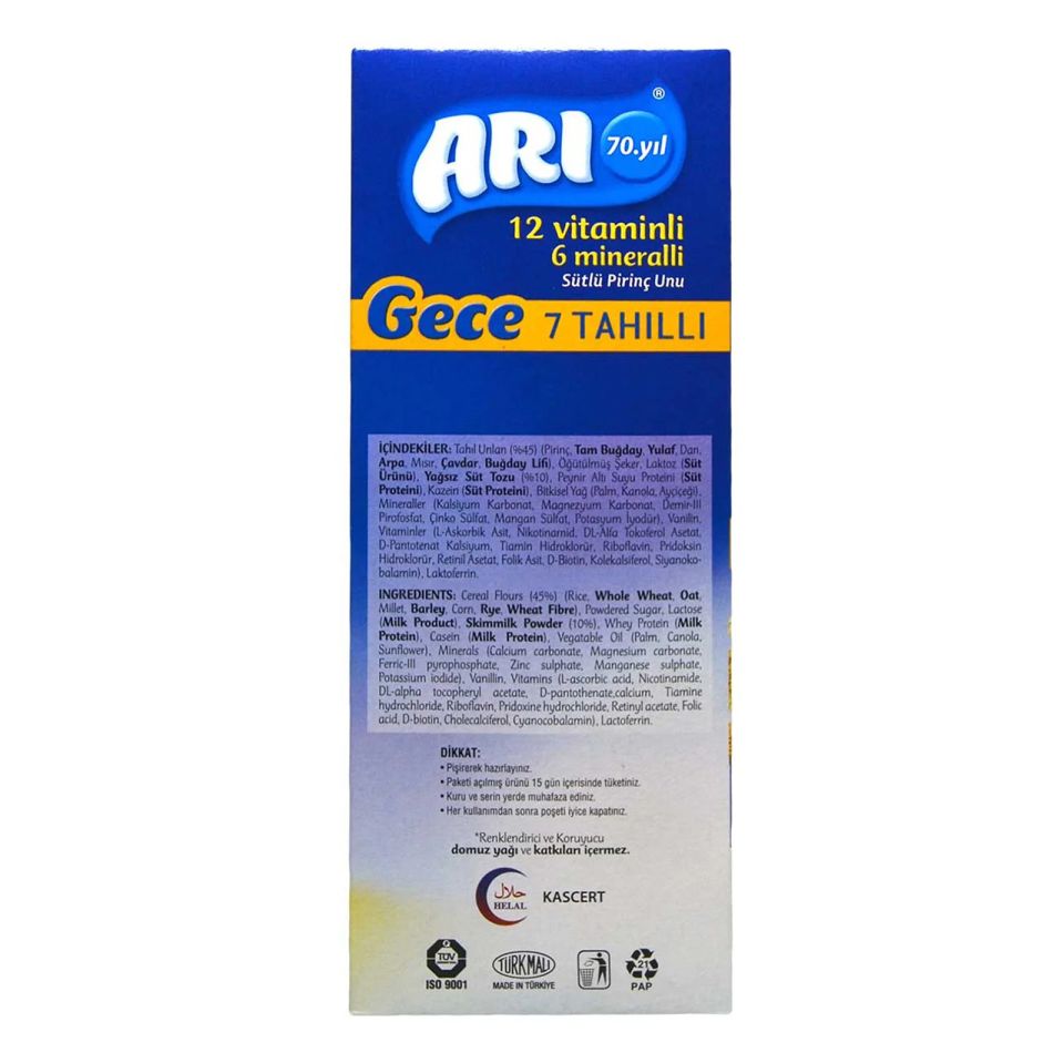 Arı 12 Vitaminli 6 Mineralli 7 Tahıllı Sütlü Pirinç Unu Gece 500 Gr