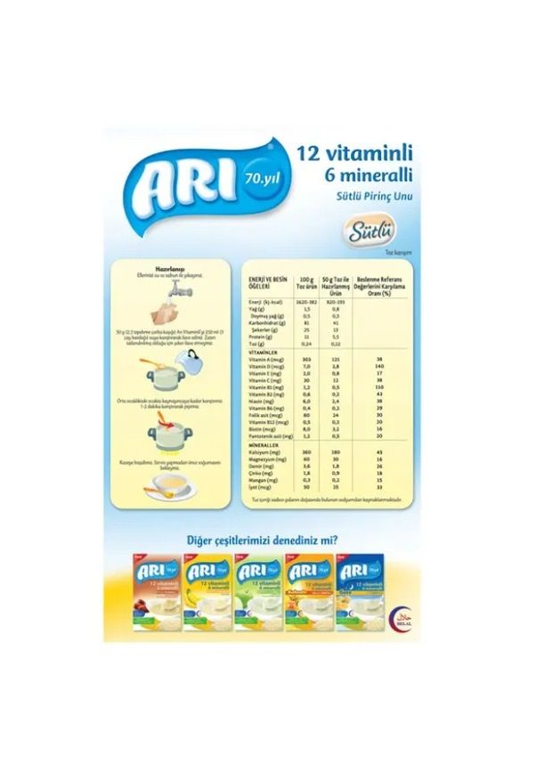 Arı 12 Vitaminli 6 Mineralli Sütlü Pirinç Unu 250 Gr