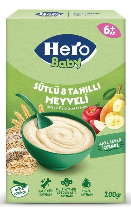 Hero Baby Sütlü 8 Tahıllı Meyveli Kaşık Mama 200 Gr
