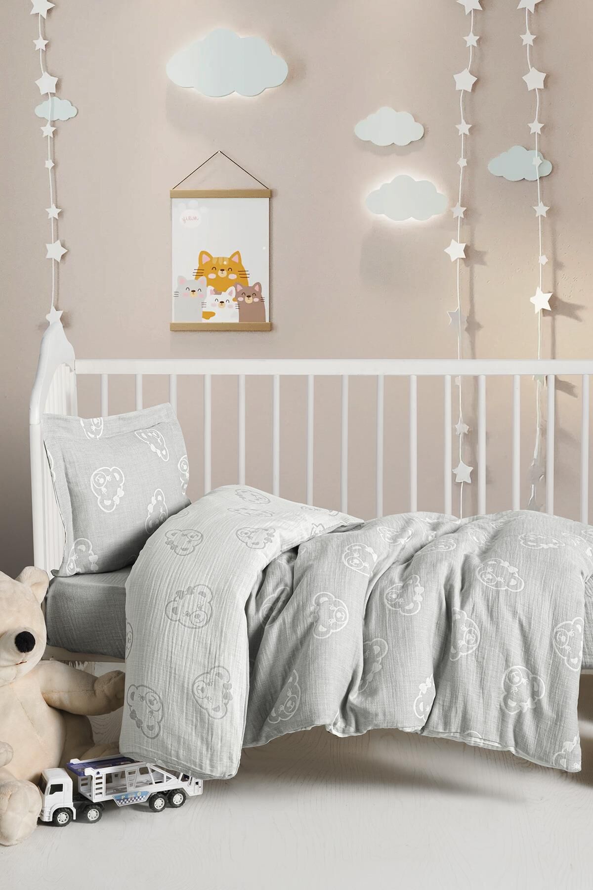 Kanz Jakarlı Müslin Bebek Nevresim Takımı Knz-013 Bear Gri