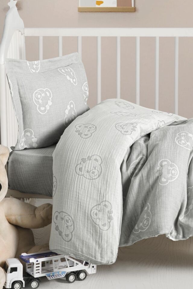 Kanz Jakarlı Müslin Bebek Nevresim Takımı Knz-013 Bear Gri