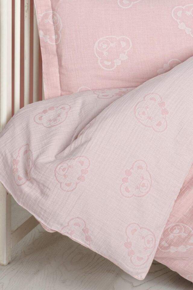 Kanz Jakarlı Müslin Bebek Nevresim Takımı Knz-013 Bear Pembe