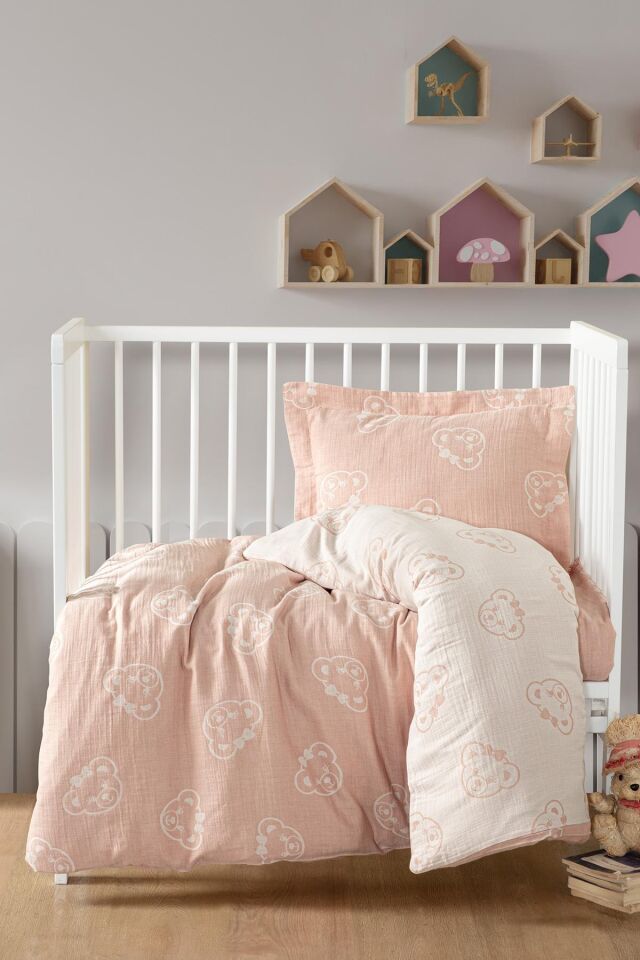 Kanz Jakarlı Müslin Bebek Nevresim Takımı Knz-013 Bear Pudra