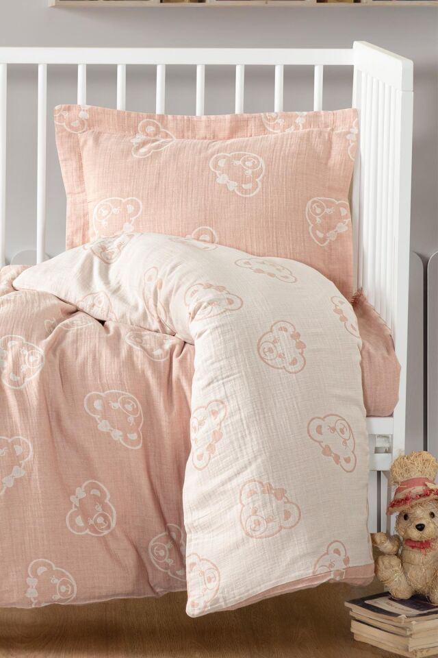 Kanz Jakarlı Müslin Bebek Nevresim Takımı Knz-013 Bear Pudra