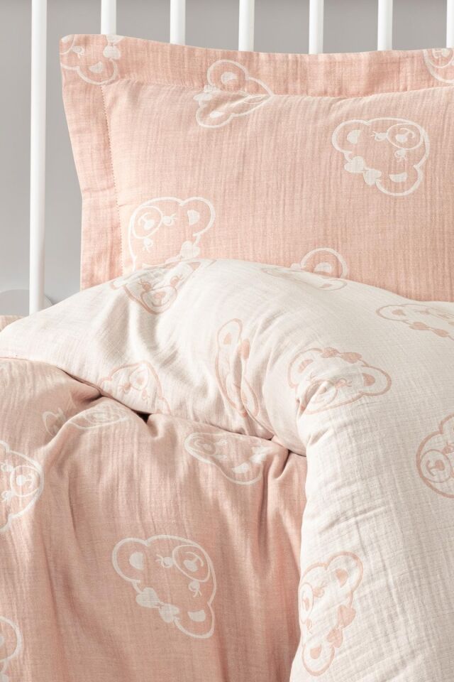 Kanz Jakarlı Müslin Bebek Nevresim Takımı Knz-013 Bear Pudra