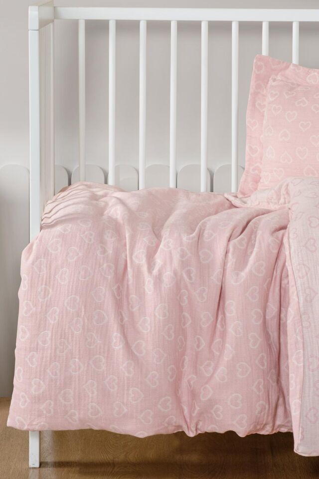 Kanz Jakarlı Müslin Bebek Nevresim Takımı Knz-013 Heart Pembe