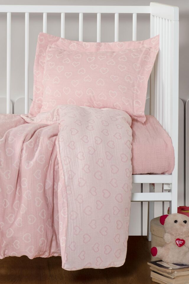 Kanz Jakarlı Müslin Bebek Nevresim Takımı Knz-013 Heart Pembe