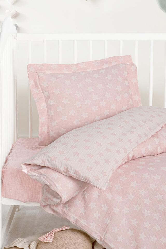 Kanz Jakarlı Müslin Bebek Nevresim Takımı Knz-013 Stars Pembe