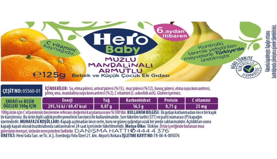 Hero Baby Muzlu Mandalinalı Armutlu Kavanoz Mama 125 Gr