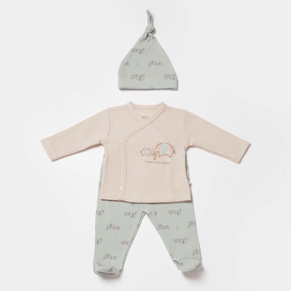 Bibaby Biorganic Waffle I Love My Mama 3'Lü Bebek Set 58033 Bej-Mint
