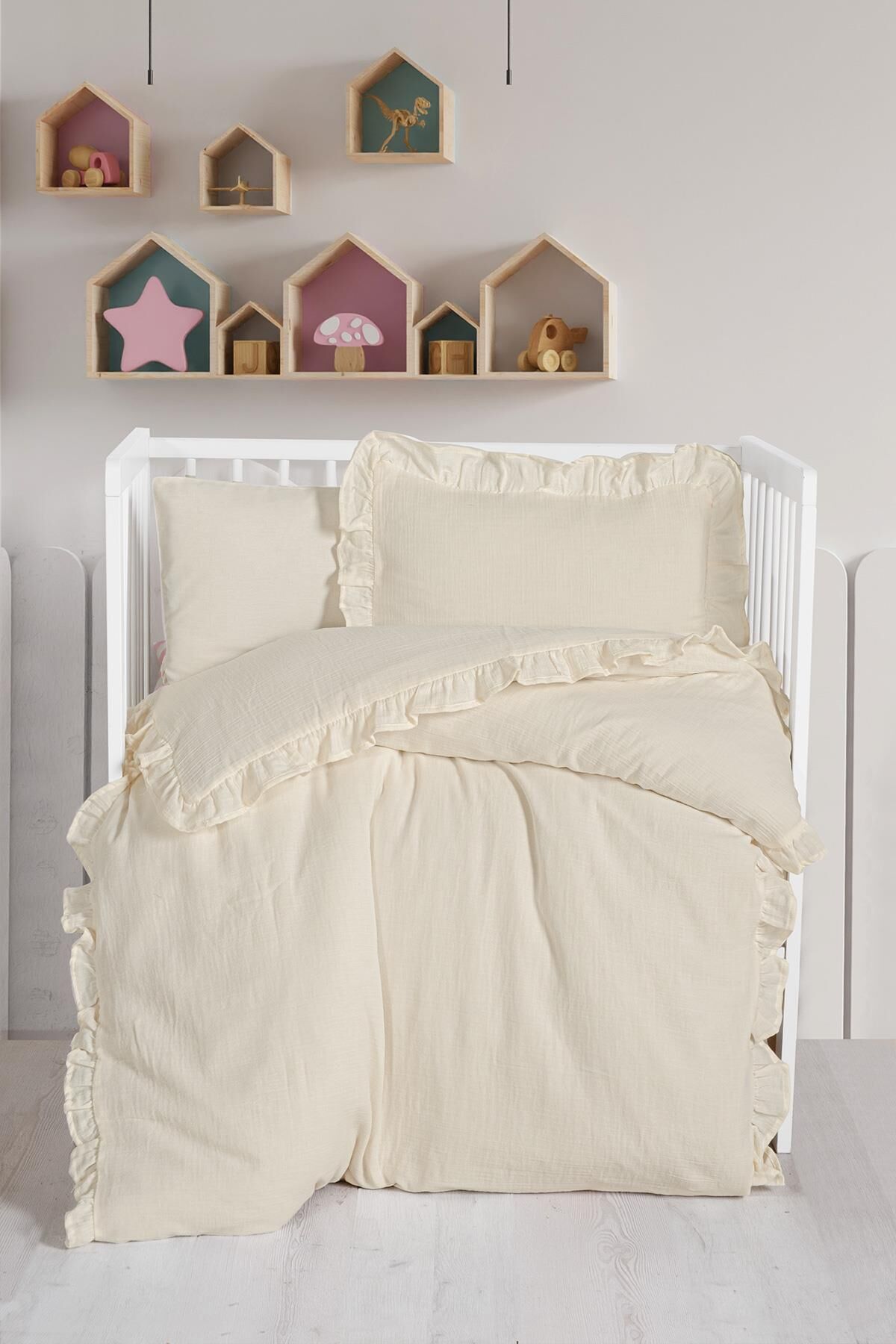 Kanz 2 Kat Fırfırlı Bebek Müslin Nevresim Knz-023 Krem