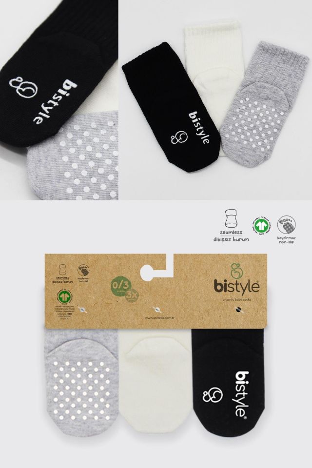 Bistyle Basic Kaymaz Penye Soket Çorap 3'Lü BS10107 Siyah Ekru Gri