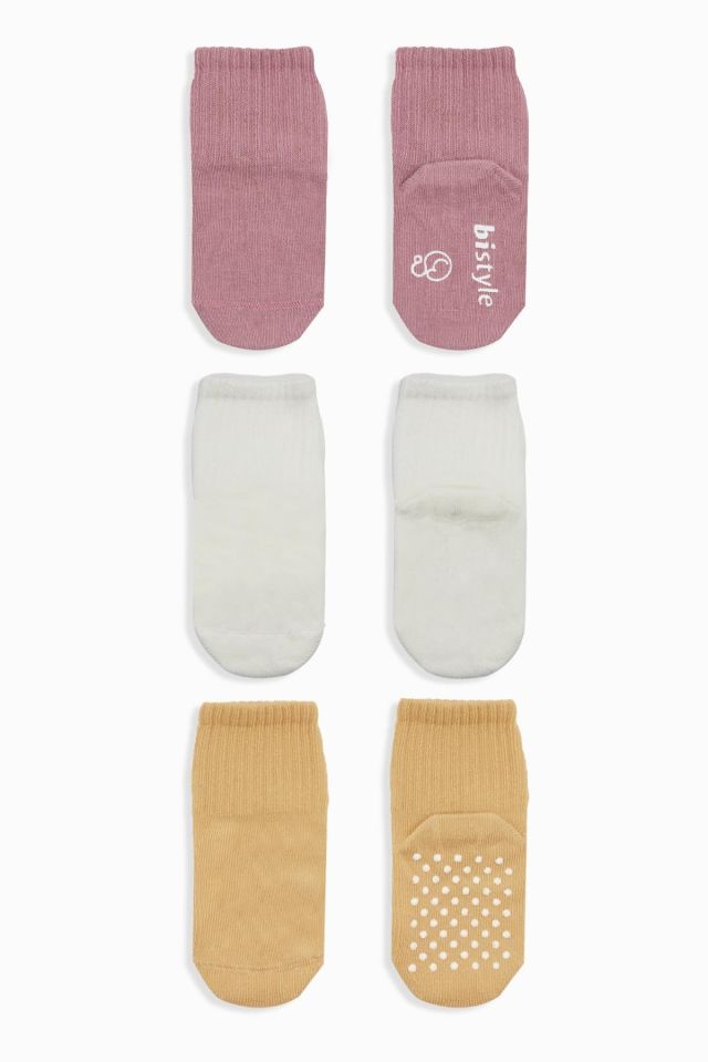 Bistyle Basic Kaymaz Penye Soket Çorap 3'Lü BS10107 Pudra Ekru Somon