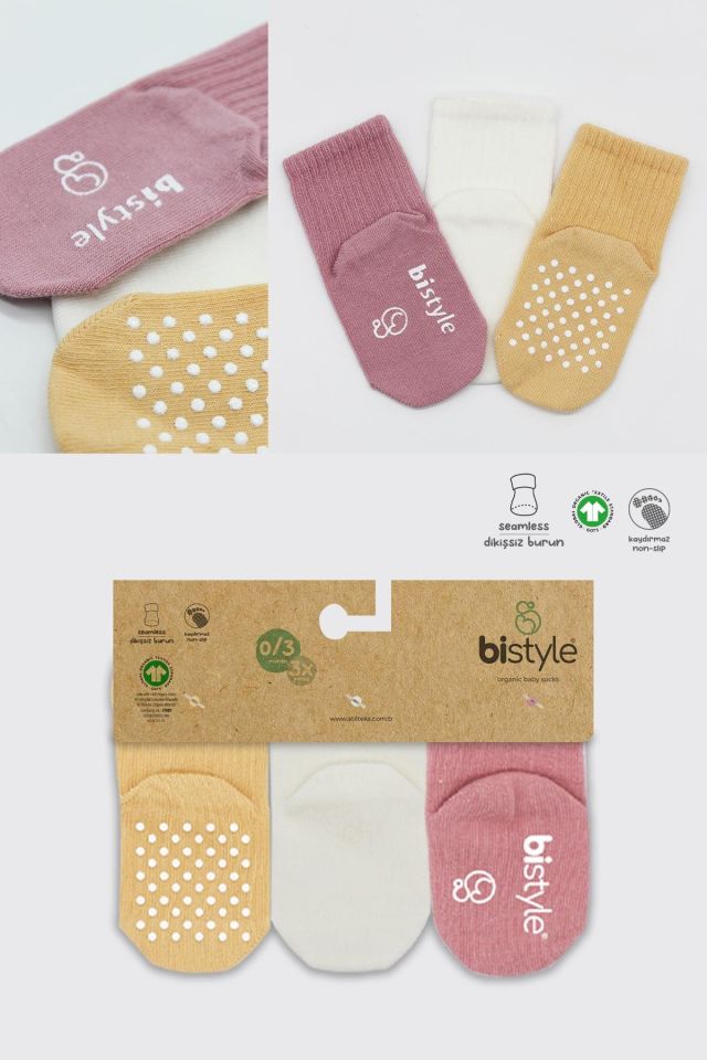 Bistyle Basic Kaymaz Penye Soket Çorap 3'Lü BS10107 Pudra Ekru Somon